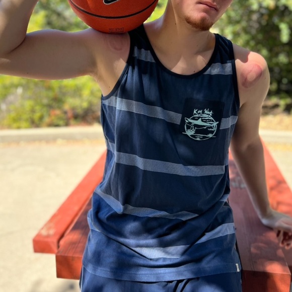 BODY GLOVE KEY WEST FLORIDA MEN TANK TOP SHIRT NAVY BLUE STRIPE SHARK SEE SURFER - Picture 3 of 16